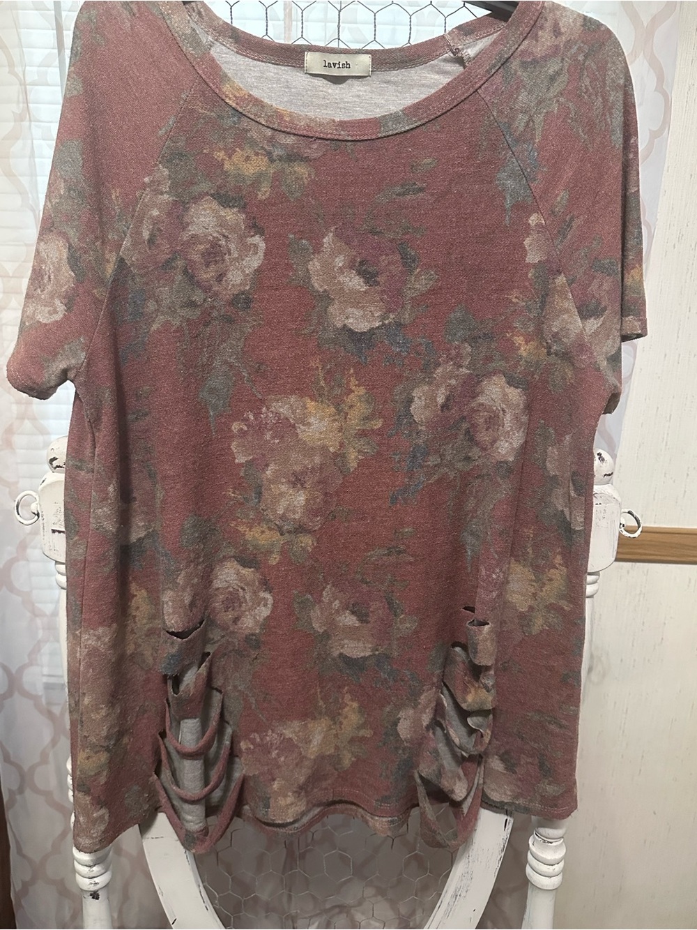Lavish Dusty Mauve Floral Short Sleeve Pocket Ladder Top